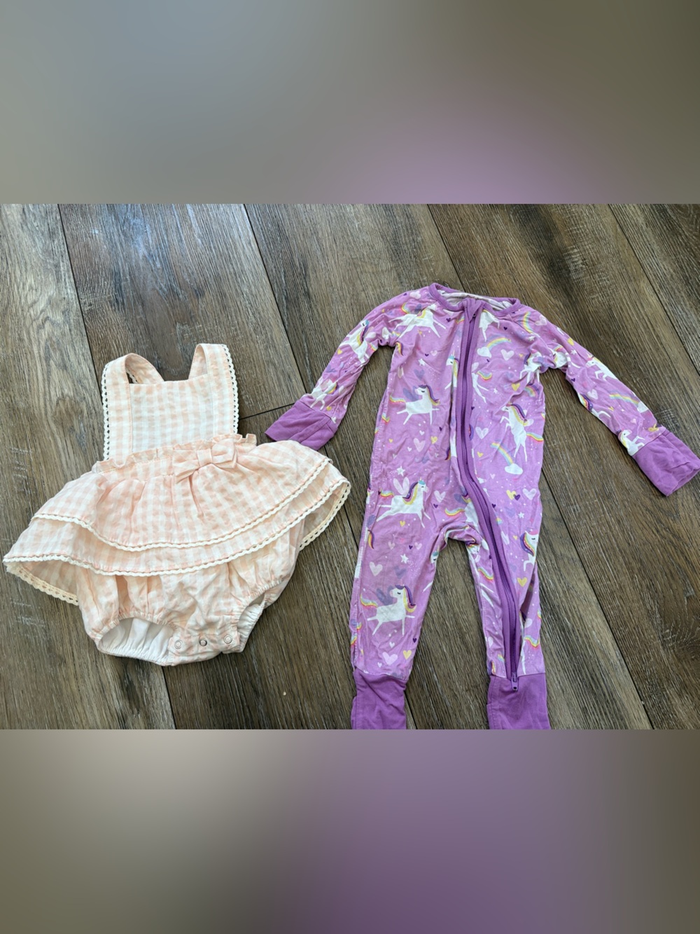 Joei Ruffle Romper + little sleepies Purple Unicorn pjs bundle 3-6 months girls